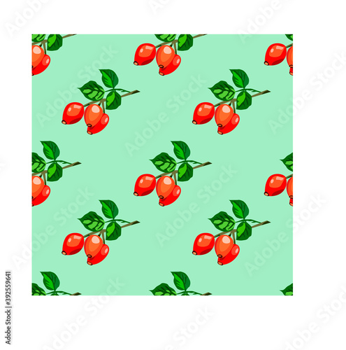 seamless pattern of rosehip berries on twigs on a light background, packaging, textiles