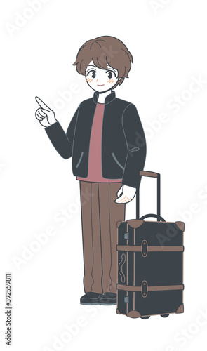  旅行用のレトロなトランクとおにいさん・指差し・ベクター