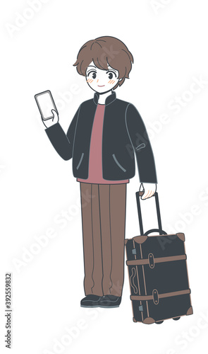 旅行用のレトロなトランクを引きずるおにいさん・スマホ操作・ベクター