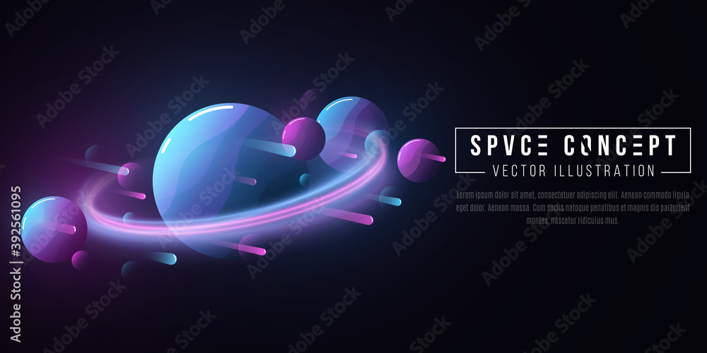 Obraz premium Futuristic deep space cartoon background. Cosmic concept. Flying meteorites and planets. Planet with glowing ring. Cover or brochure template. Vector illustration