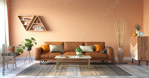 Cozy living room with terracotta colors, 3d rendering  photo