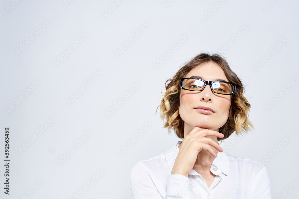 Woman business finance glasses work office light background portrait model Woman business finance glasses work office light background portrait model