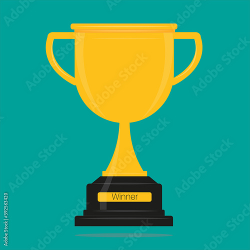 Winners gold cup vector illustration. Gold Trophy awarded as prize for champion victory win on a colourful background.