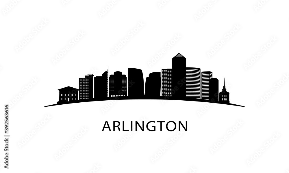 Arlington, Virginia city skyline. Black cityscape isolated on white background. Vector banner.