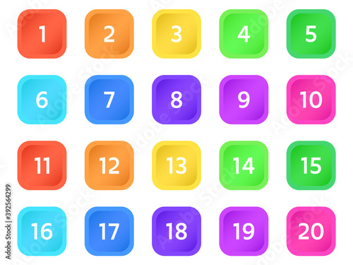 Colorful number icon set. Vector illustration. 1 to 20.
