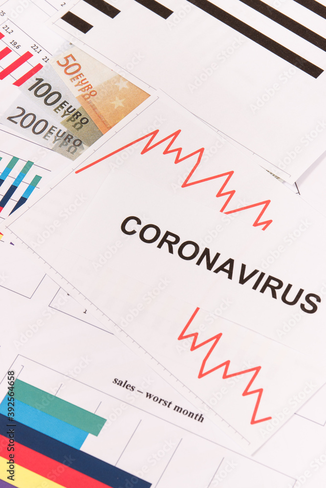 Currencies euro with downward graphs representing financial crisis caused by coronavirus. Covid-19 Currencies euro with downward graphs representing financial crisis caused by coronavirus. Covid-19