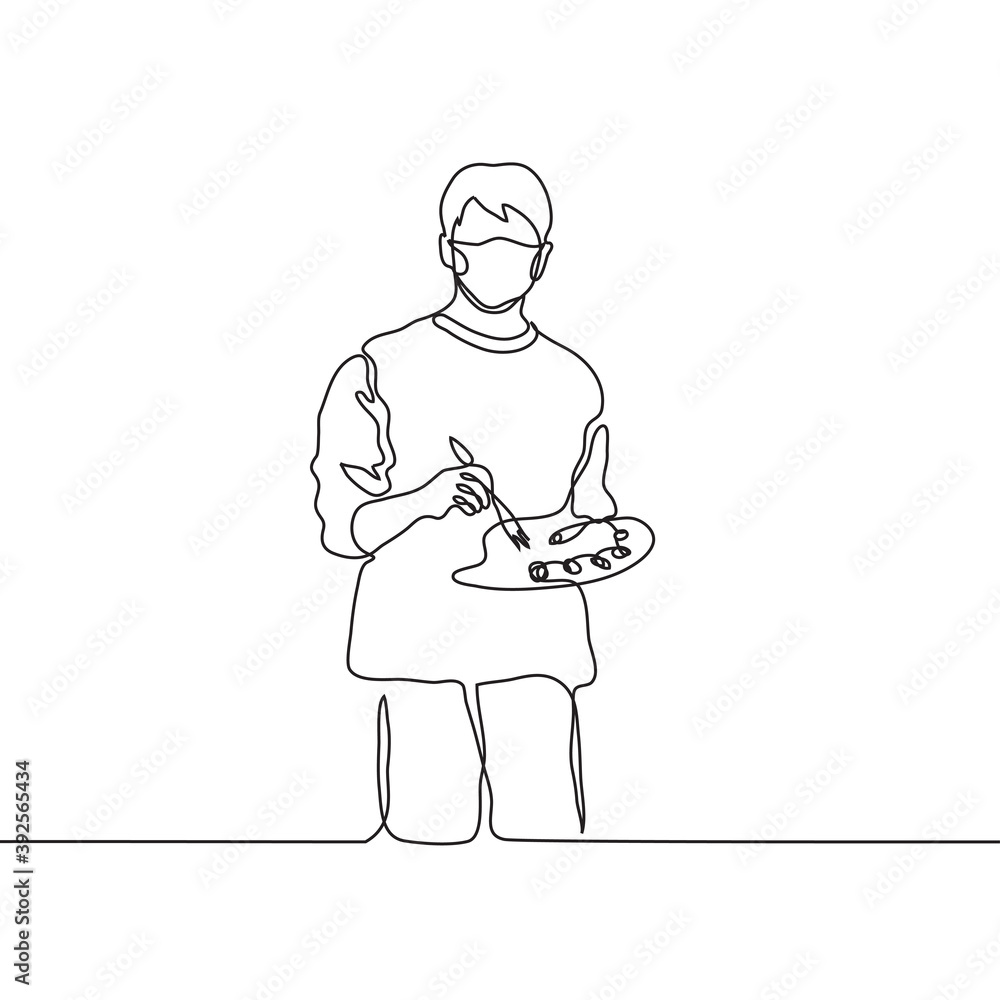 Stockvector artist in a mask is stirring paint in a palette with a