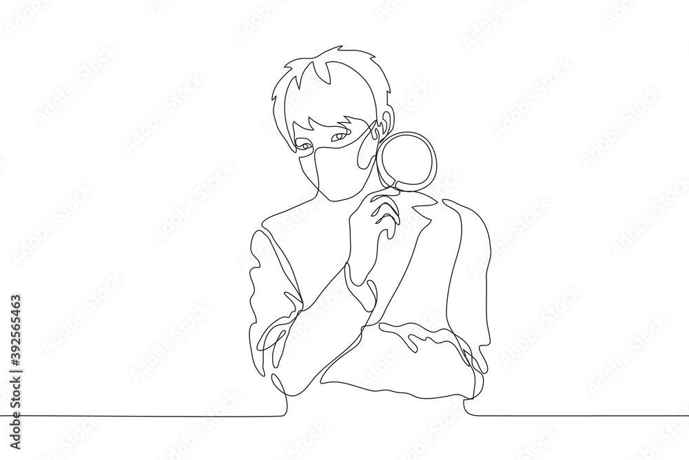 young man in a jacket and a protective mask has crossed his arms and holds a magnifying glass at the ready. One line drawing concept of analysis, careful observation and study young man in a jacket and a protective mask has crossed his arms and holds a magnifying glass at the ready. One line drawing concept of analysis, careful observation and study