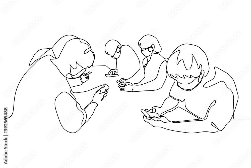 crowd of masked people are sitting staring at their gadgets. a group of people are sitting at the same table and are passionate about smartphones, they do not communicate with each other, they ignore
