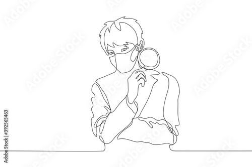 young man in a jacket and a protective mask has crossed his arms and holds a magnifying glass at the ready. One line drawing concept of analysis, careful observation and study