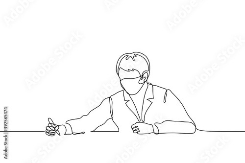 man in a jacket and a protective mask signs a document (agreement, contract). one line drawing man puts signature on paper