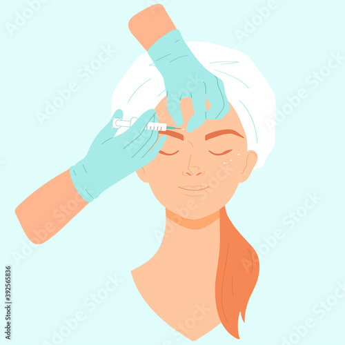 Beautician makes an injection in the forehead of a young woman. Botox and filler injections. Cosmetological procedure in a beauty salon. Vector illustration in a flat style.