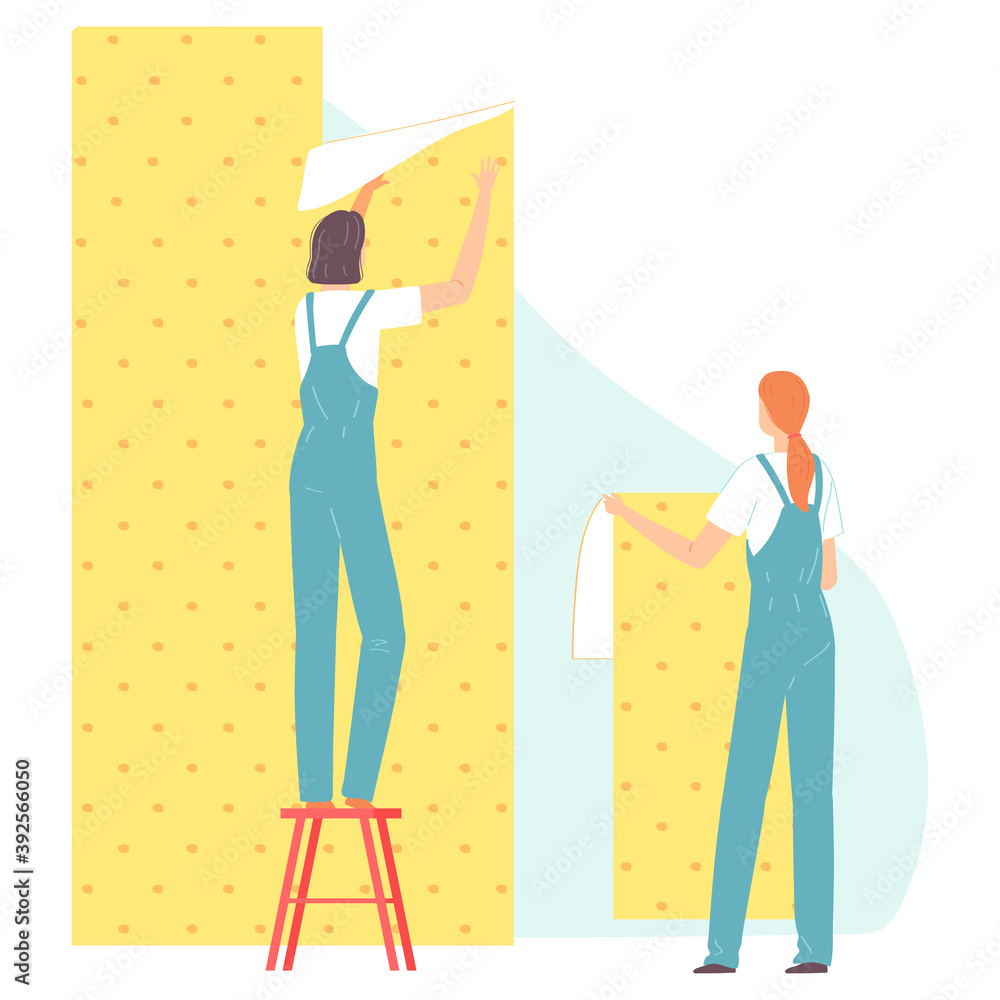 Workers gluing wallpaper. People making house or home apartment interior renovation. Cartoon flat woman builder characters. Vector illustration.