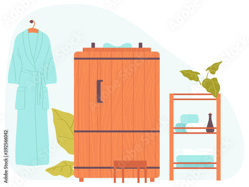 Spa salon interior. Wellness spa procedures in wooden water barrel. Wooden hot tub spa water procedure. Vector illustration in a flat style.