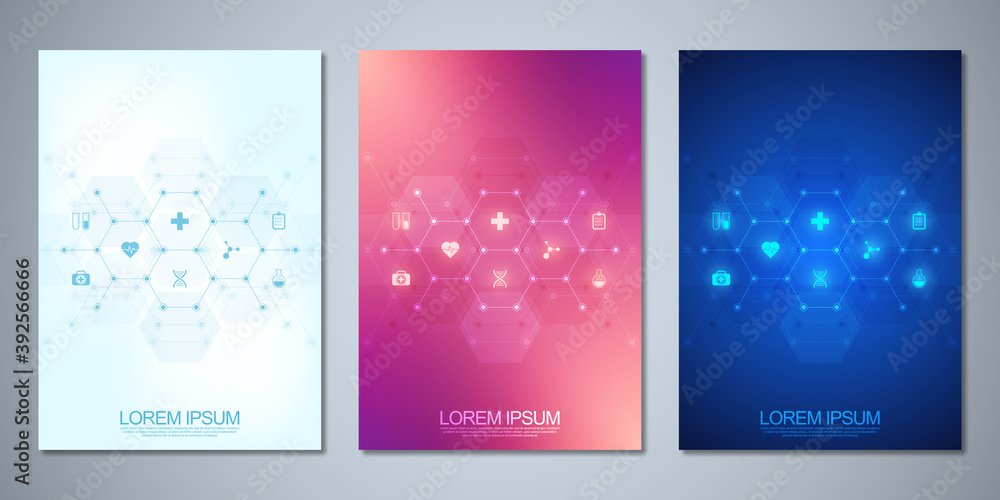 Template brochure or cover book, page layout, flyer design. Concept and idea for health care business, innovation medicine, pharmacy, technology. Medical background with flat icons and symbols. Template brochure or cover book, page layout, flyer design. Concept and idea for health care business, innovation medicine, pharmacy, technology. Medical background with flat icons and symbols.