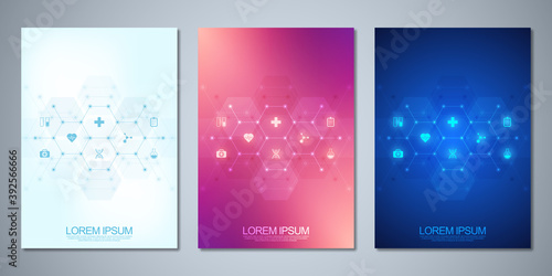 Template brochure or cover book, page layout, flyer design. Concept and idea for health care business, innovation medicine, pharmacy, technology. Medical background with flat icons and symbols.