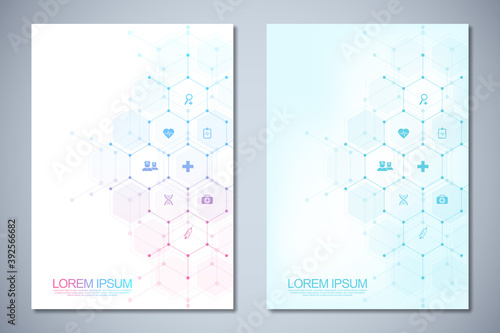 Template brochure or cover book, page layout, flyer design. Concept and idea for health care business, innovation medicine, pharmacy, technology. Medical background with flat icons and symbols.