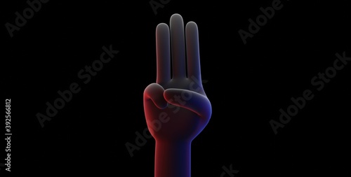 3d rendering concept illustration of a hand showing 3 fingers gesture, political symbolic, on black color background photo