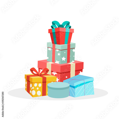 Heap of gifts in festive packaging. Pile giftboxes for xmas tree