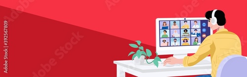 Virtual meeting concept, A young man having video conference with his colleagues at home. Vector Illustration