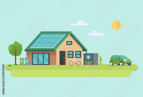Illustration of eco friendly sustainable modern house. Vector