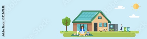 Illustration of happy family and eco friendly sustainable modern house