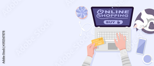 Online shopping at home concept. Top view of woman hand holding credit card and making online payment. Vector
