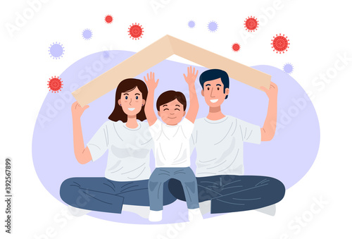 Stay home banner, Happy familly holding roof mockup over their heads protrcting family against covid-19. Vector