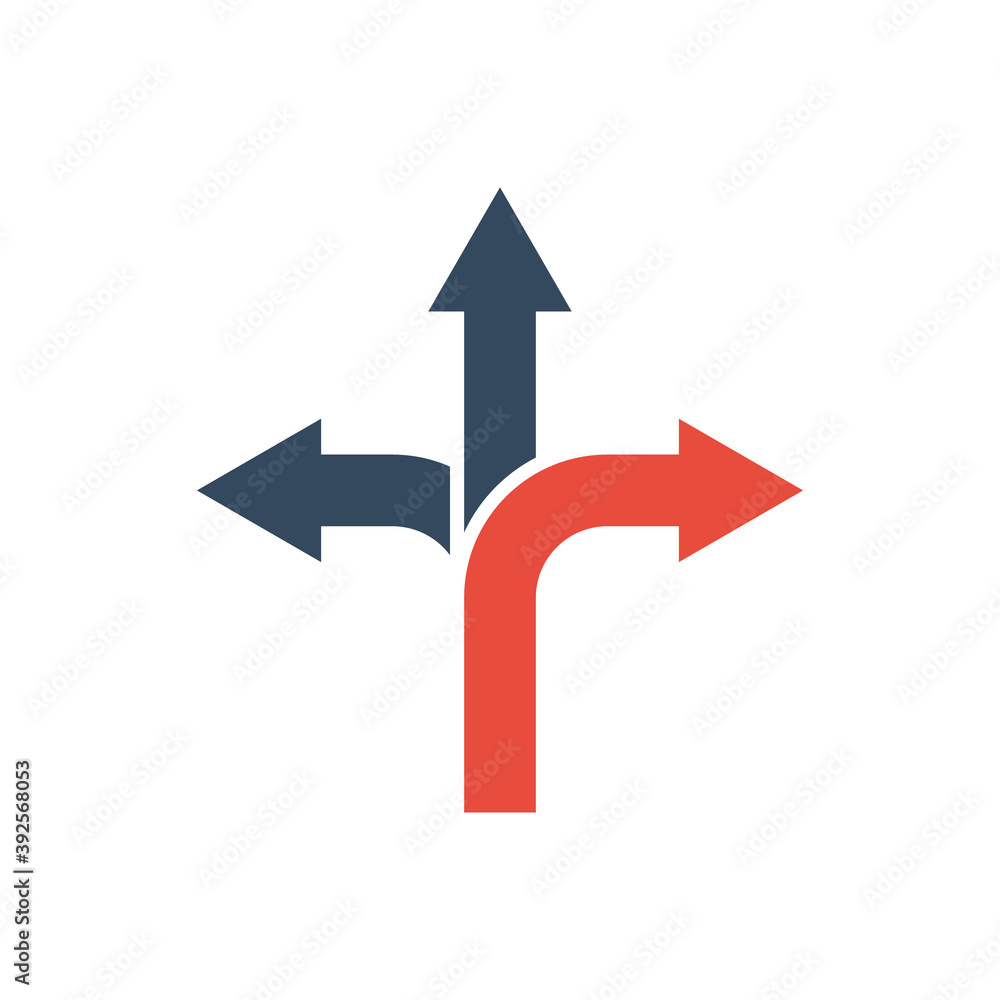 three way arrows with red turn direction, vector icon three way arrows with red turn direction, vector icon