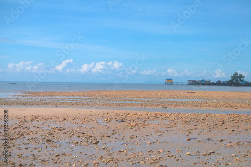 Beautiful clear blue sky on beach of Tanjung Batu, Tarakan, North Kalimantan,  with mangrove trees. Copy space for text as background.