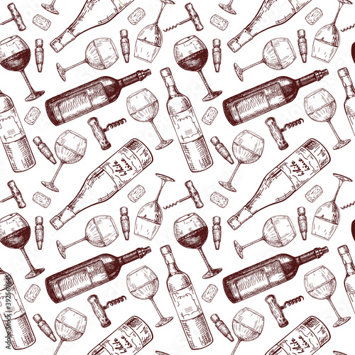 wine pattern, sketches, hand drawn seamless pattern. bottle, glass, corkscrew