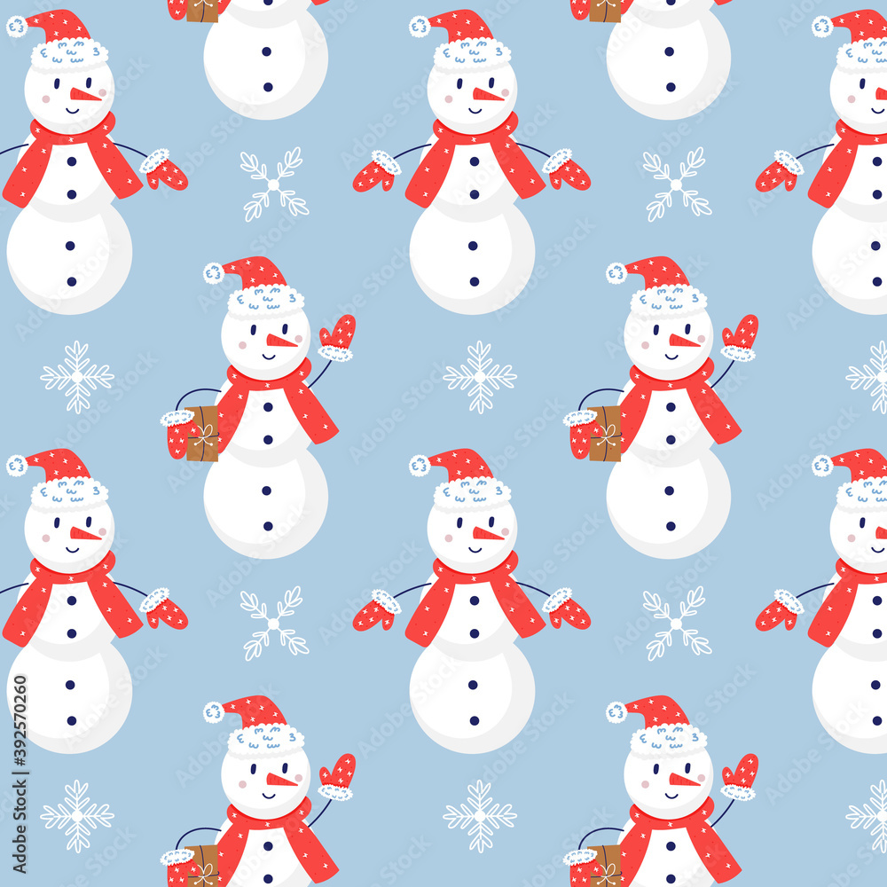 Christmas snowman seamless vector pattern. Christmas gift blue background