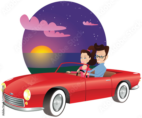 Couple in sports car at sunset