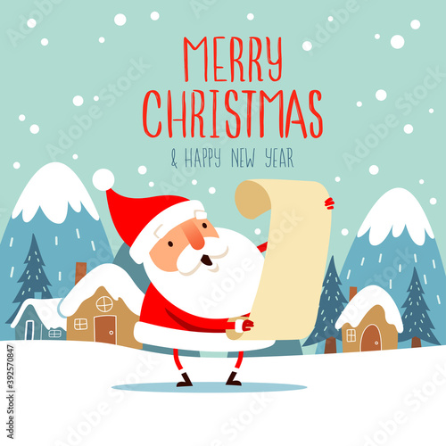 Merry Christmas! Santa Claus checking his list on snow scene. Flat vector concept illustration.