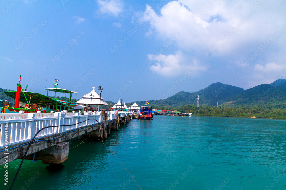 Harbor in Bangbao bay and white bridge