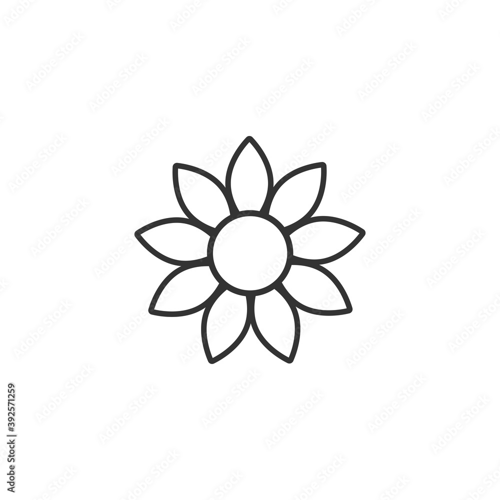 Black flat icon of sunflower. Bloom with big sharp petals and round core. Black flat icon of sunflower. Bloom with big sharp petals and round core.