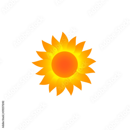 Bright hot sun or burning sunflower icon. Isolated on white. Hot summer weather.