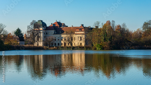Ruegers Castle with its splendit Baroque structure. Ruegers Castle (German: Schloss Ruegers) is nestled in a pond landscape near the Czech border. 