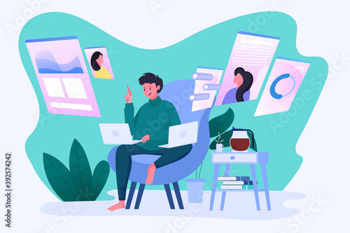 men work in multitasking with 2 laptops, social network, chat, monitoring, analysis