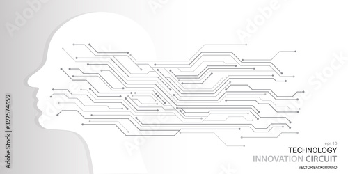 Technology face circuit diagram background, Human head outline with Circuit Lines, Abstract Artificial intelligence. Creative Brain, Mind Concept, Technology web background. vector background