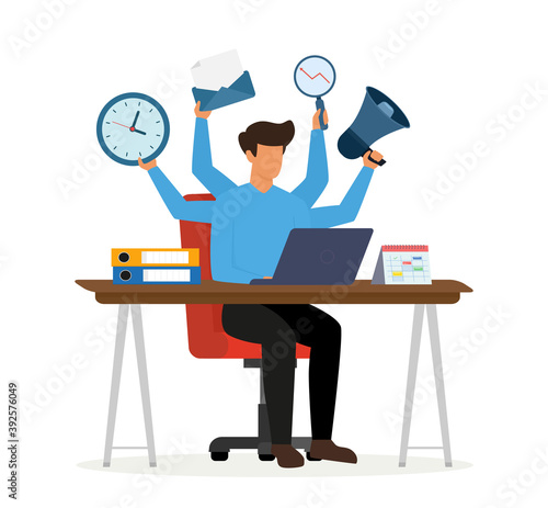 Multitasking manager working on laptop at the desktop. Effective management concept and time management. Vector illustration.