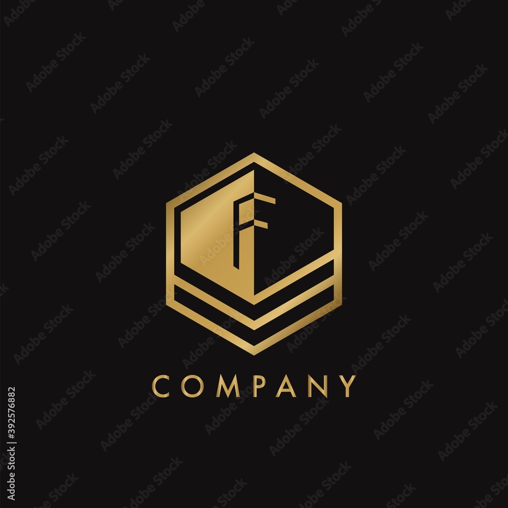 Gold Letter F Letter Logo Concept Elegance Geometrical Hexagon with negative space initial letter for Apartment Real Estate, Property, hotel and Architecture Business.