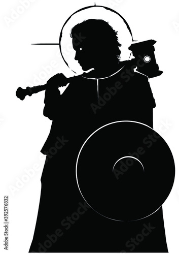 The black silhouette of a warrior with a hammer and a shield, a halo around his head, he sternly looks ahead. 2D illustration.