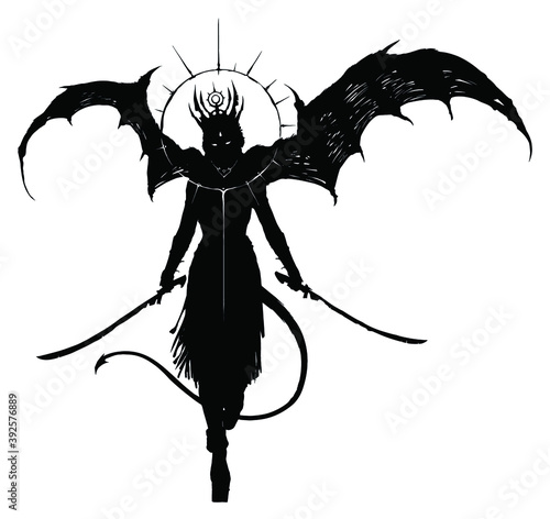 A black silhouette of a sinister demoness with huge wings, gracefully walking forward with two sabers at the ready, gracefully waving her tail. 2D illustration. photo