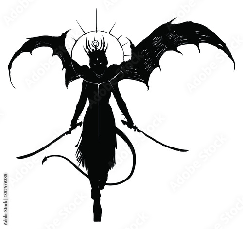 A black silhouette of a sinister demoness with huge wings, gracefully walking forward with two sabers at the ready, gracefully waving her tail. 2D illustration.