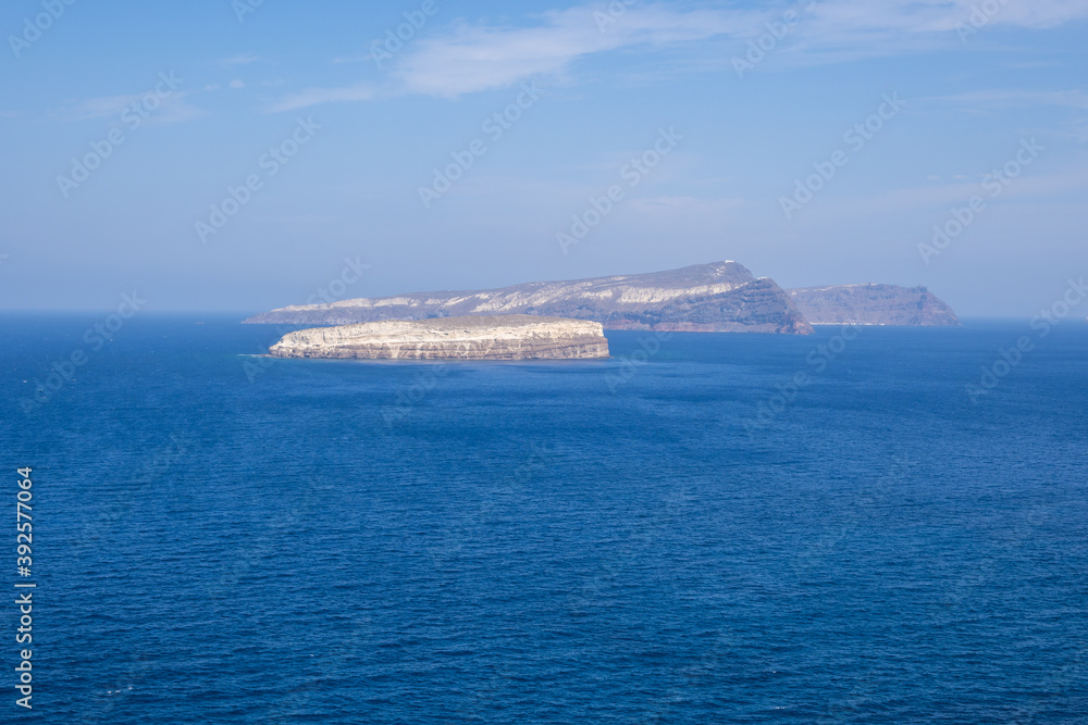 View of the caldera and cliffs from the peninsula of Akrotiri on the island of Santorini, Greece