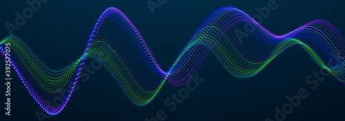 Colored sound wave. Equalizer for music. Futuristic dots background. 3D rendering. widescreen