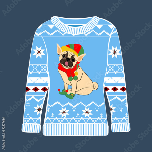 Christmas ugly sweater with pug in christmas costume vector illustration