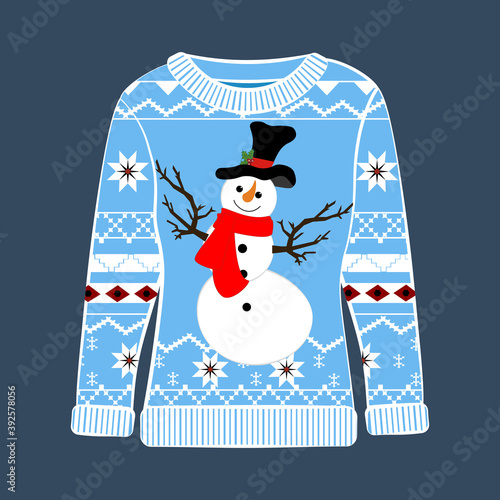 Christmas ugly sweater with snowman vector illustration