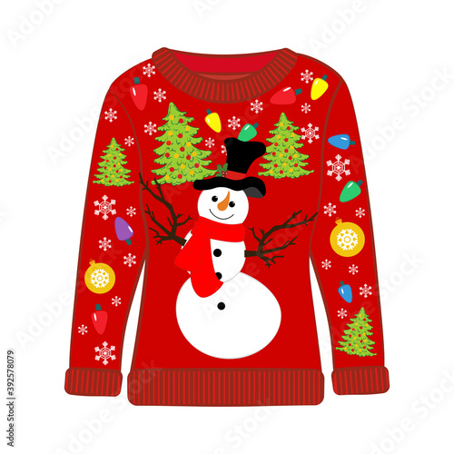 Christmas ugly sweater with snowman vector illustration